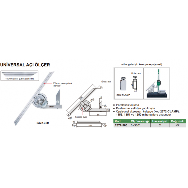 Insize Universal Açı Ölçer 0-360° | 2372-360