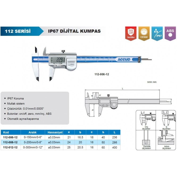 Accud Dijital Kumpas 200 mm IP67 | 112-008-12 Accud Dijital Kumpas 200 mm IP67 | 112-008-12