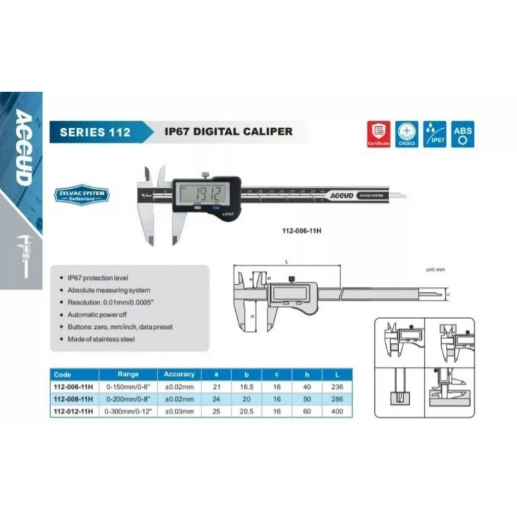 Accud Dijital Kumpas 150 mm IP67 | 112-006-11H Accud Dijital Kumpas 150 mm IP67 | 112-006-11H