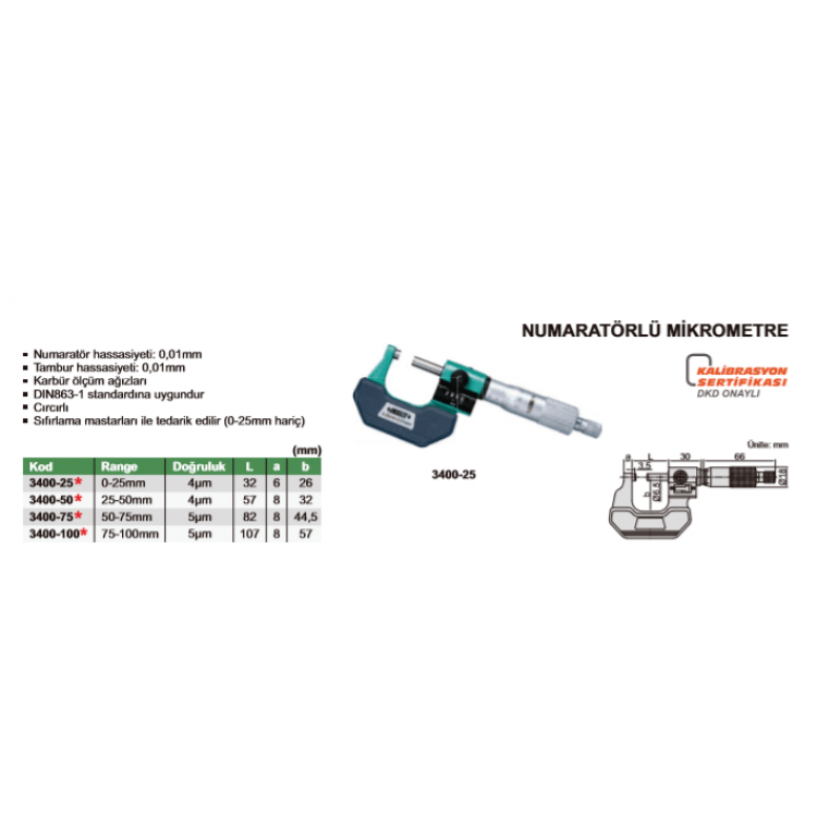 Insize 3400 Numaratörlü Mikrometre I 3400-100