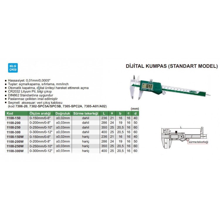 Insize Dijital Kumpas 300mm | 1108-300 Insize Dijital Kumpas 300mm | 1108-300